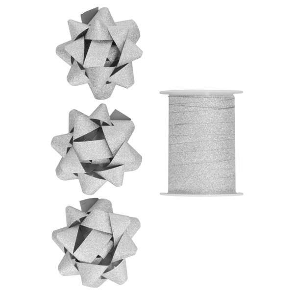 Packungsset-3 Rosetten, Bandbreite 1cm, Länge 10m, silber.
