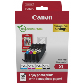 Original Canon 6443B008 / CLI-551XL Tinte schwarz, cyan, magenta, gelb - 4 Stück 6443B008 CANON CLI551XL Pixma Tinte+Fotopapier (4) cmy pbk HC w/o SEC