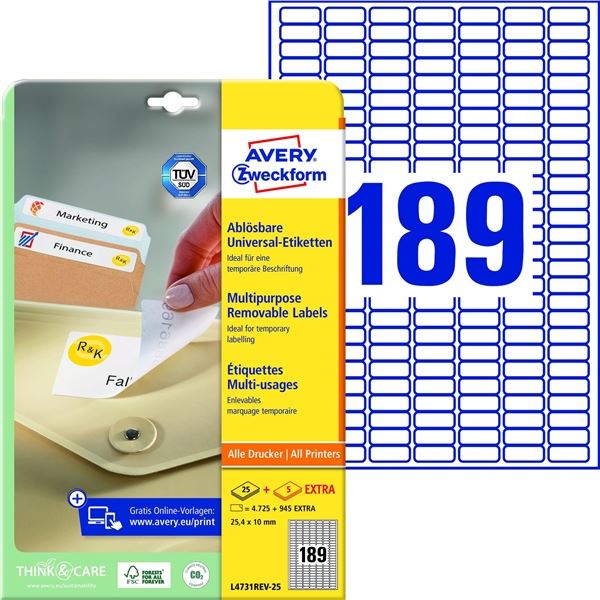 Universaletiketten 25,4x10 AVERY ZWECKFORM L4731REV-25