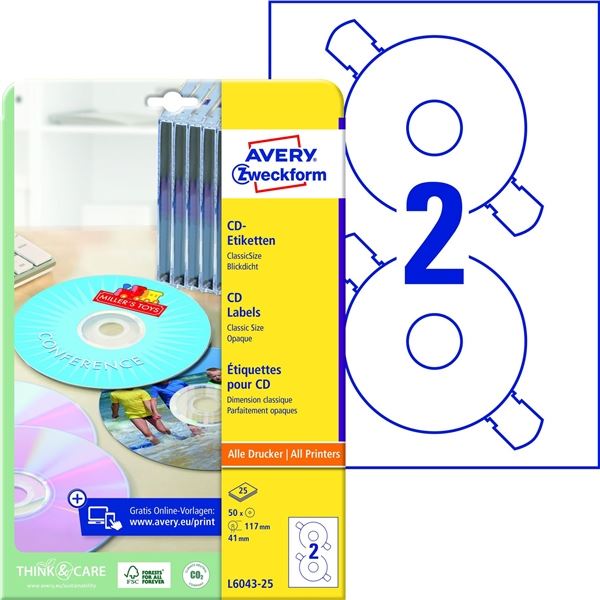 Universaletiketten D117mm AVERY ZWECKFORM L6015-25 CD-Et