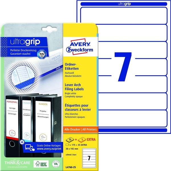 Universaletiketten 192x38 weiß AVERY ZWECKFORM L4760-25 Ordne